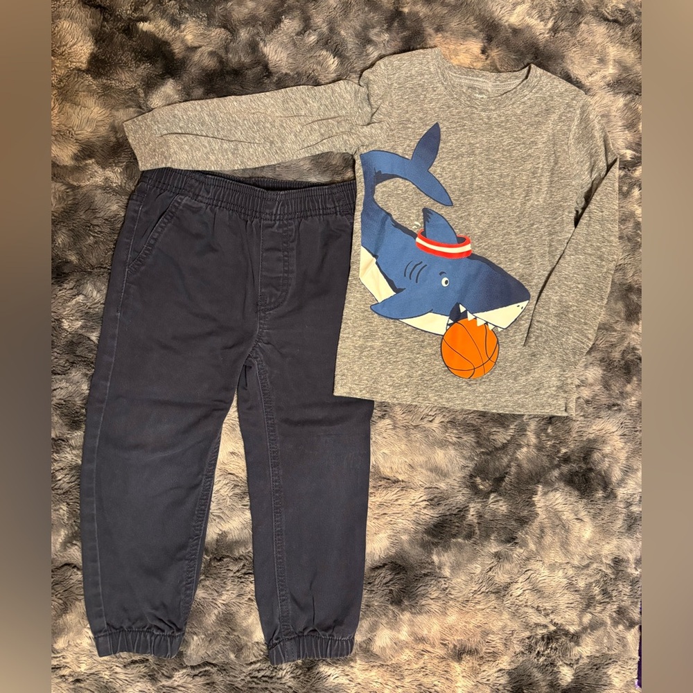 Basketball shark long-sleeved t-shirt and navy chino pants size 3T